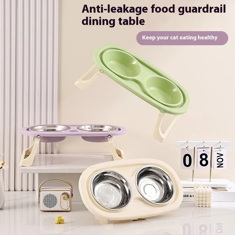 Foldable pet bowl set with dual compartments in white purple and green colours plastic or stainless steel options