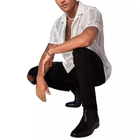 Men's black knitted short-sleeved button shirt with jacquard texture, regular fit cardigan