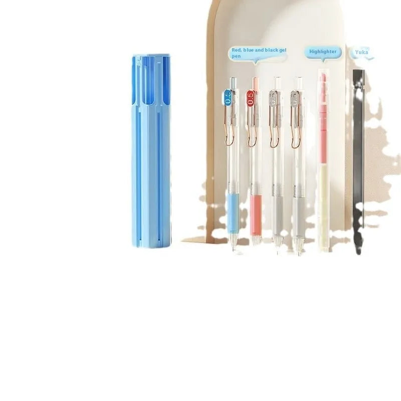 Plastic pencil case kit with pressing pen mechanism in white, blue, or pink colours containing writing instruments