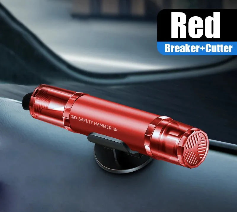 Black and red car emergency window breaker and seat belt cutter tool with mounting bracket on a grey background.