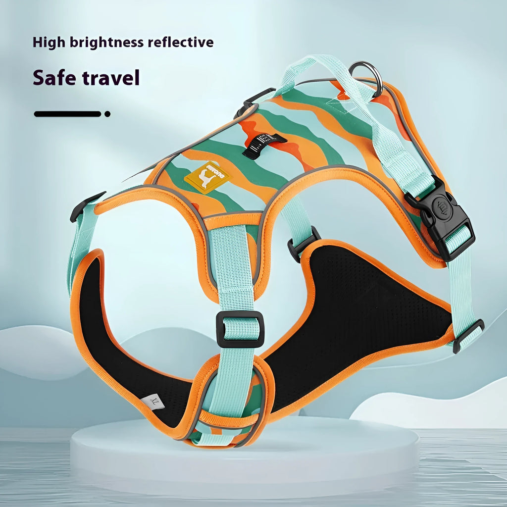 Reflective dog harness with dual attachment points in oxford cloth fabric