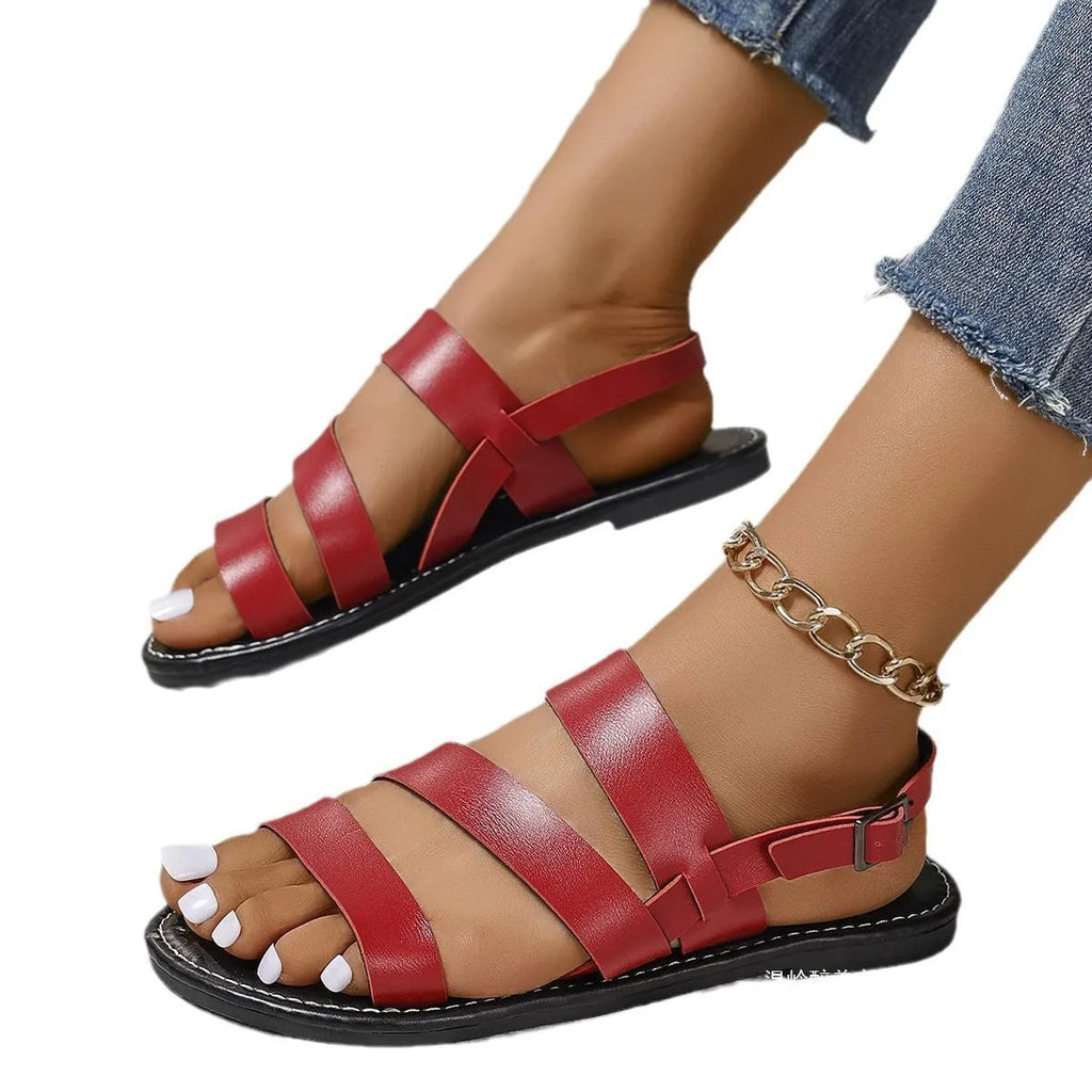 Women's retro buckle beach slippers in brown with PU upper, imitation leather lining, round toe, and rubber sole