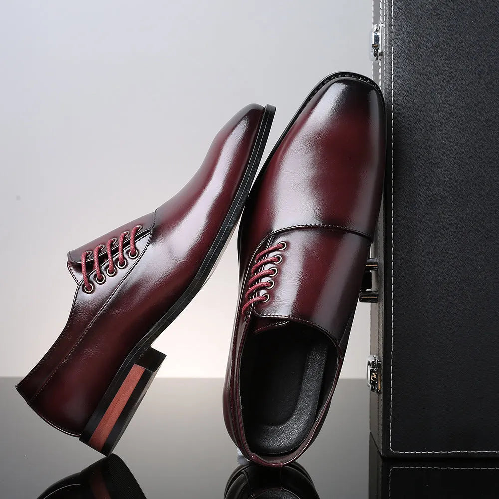 Men's square toe low-top lace-up shoes with leather stitching, available in black, red, and yellow, sizes 38-48