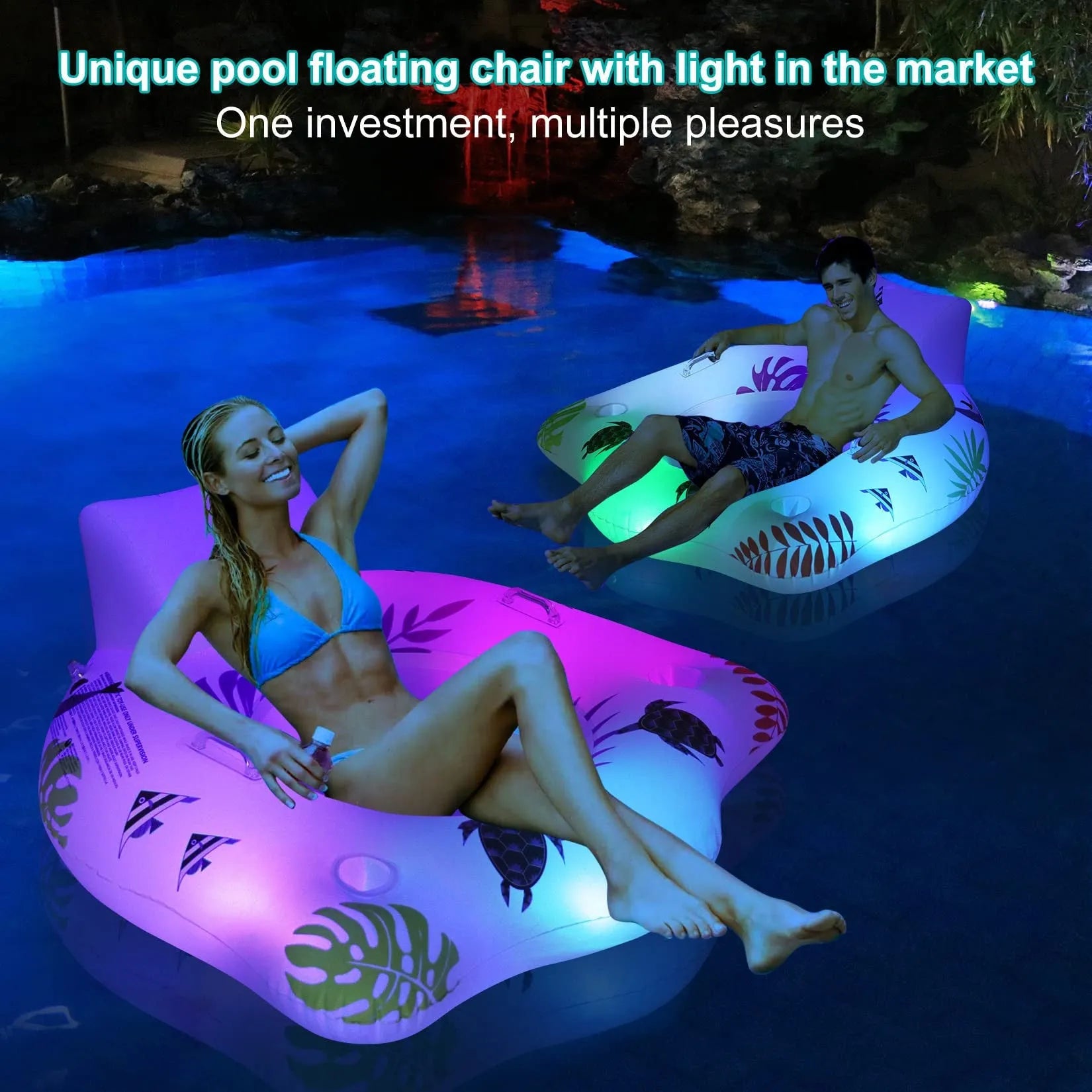 White U-shaped inflatable float with LED lights for pool lounging