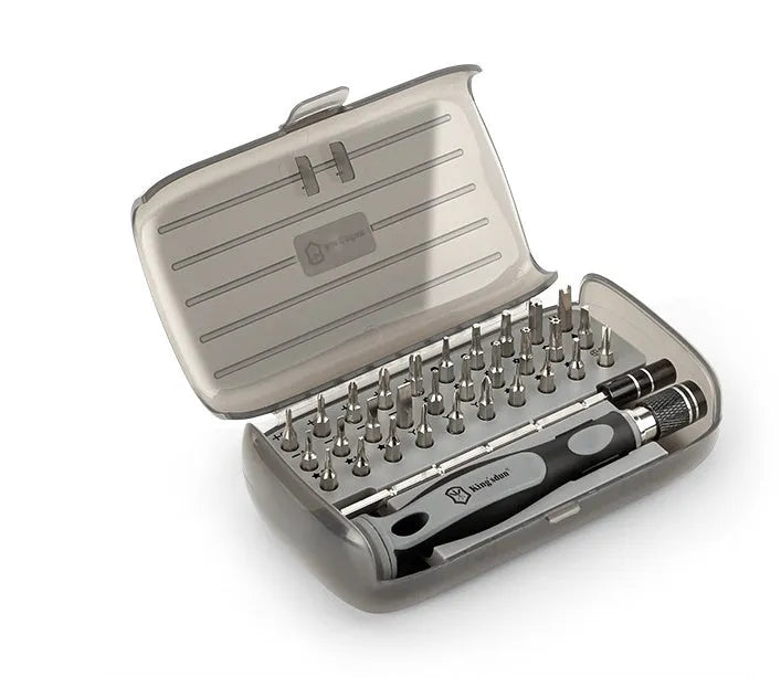 32-in-1 screwdriver set with 30 bits in a black plastic case, dimensions 130x75x37mm.