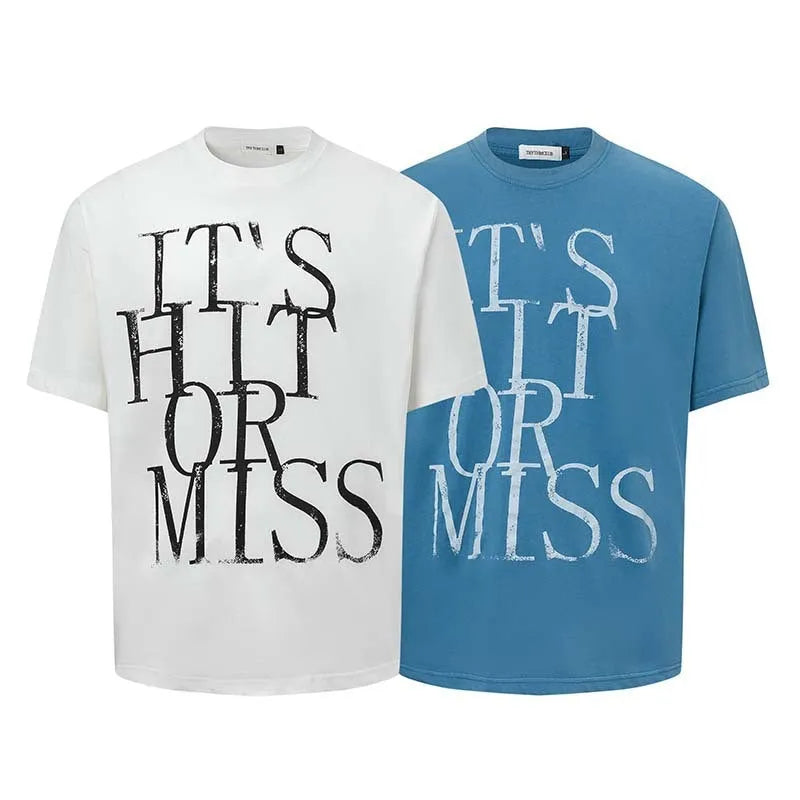 Men's blue American retro T-shirt with white letter printing, round neck, loose fit cotton blend casual top