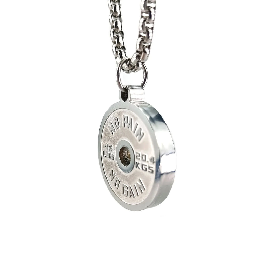 Polished stainless steel geometric barbell disk pendant necklace with choice of chain.