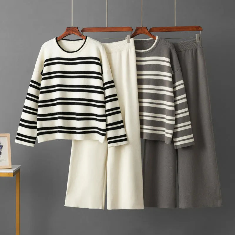 Casual striped loose sweater and wide leg pants two-piece set for women in brown