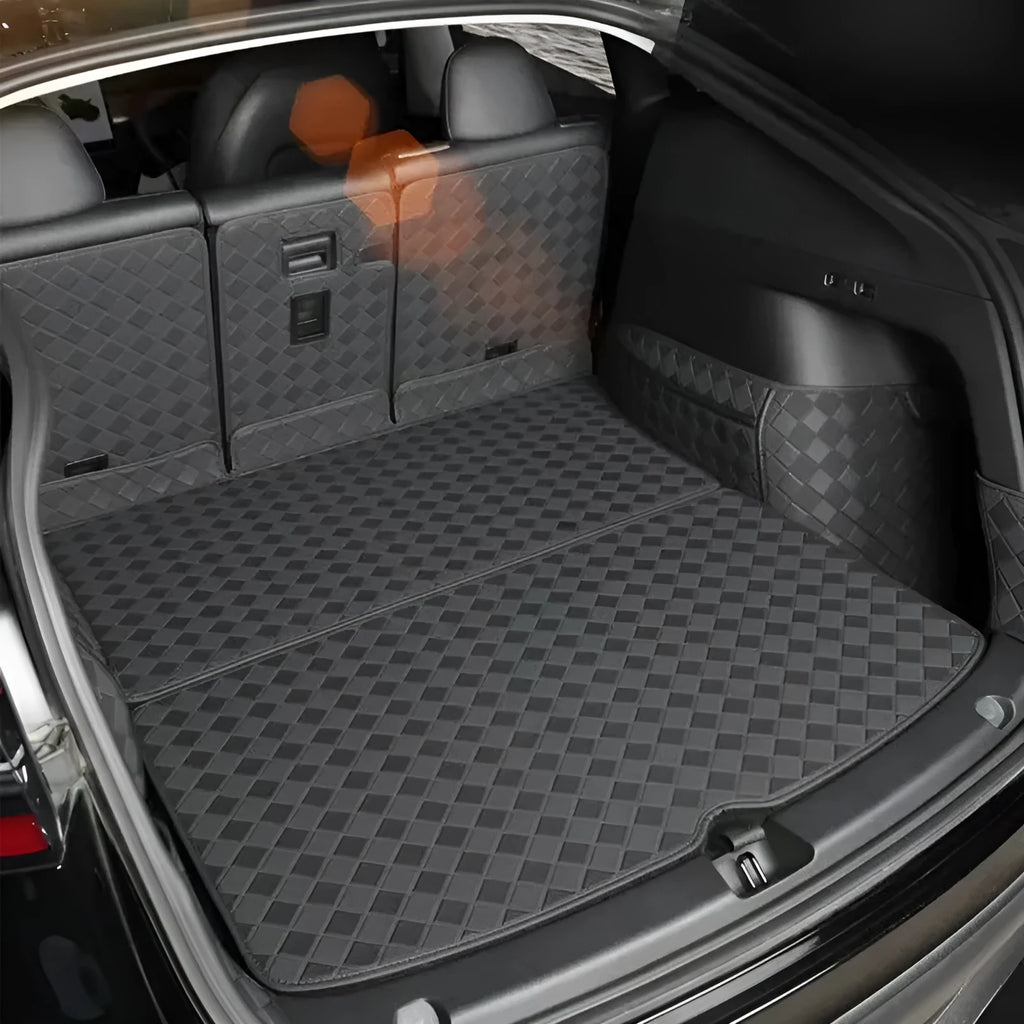 Leather trunk mat for Tesla Model 3 and Model Y vehicles in black colour