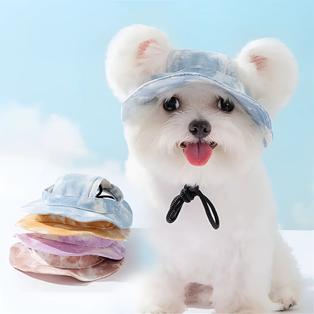 Adjustable tie-dye pet hat with ear holes for small to medium dogs, available in blue, orange, purple, and yellow
