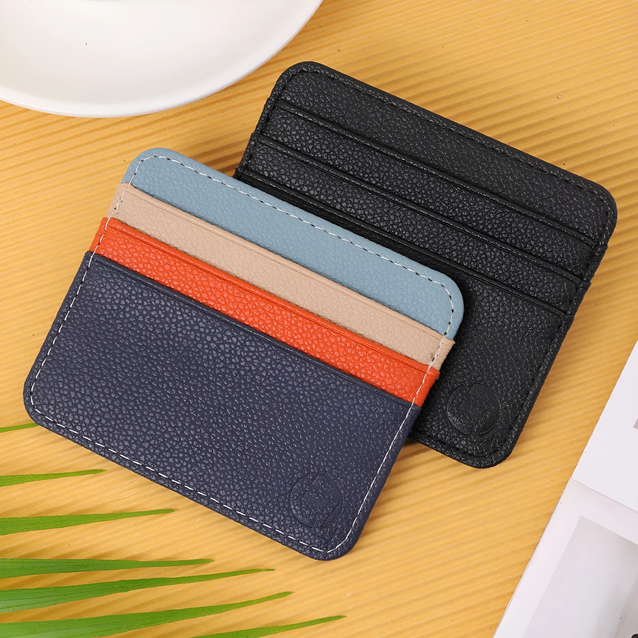 Fashion minimalist ultra-thin colour matching card holder in black PU material
