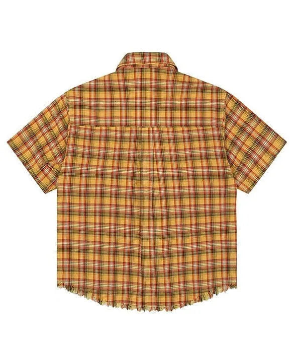 Yellow plaid short sleeve shirt with embroidered pocket detail in loose fit