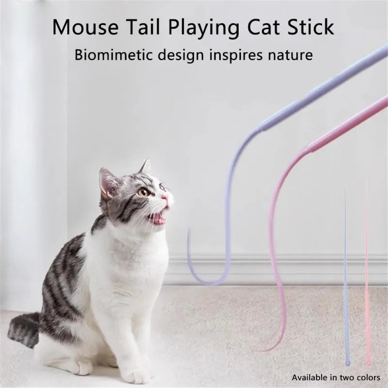 Blue cat teasing wand with long silicone mouse tail and cat head handle on white background