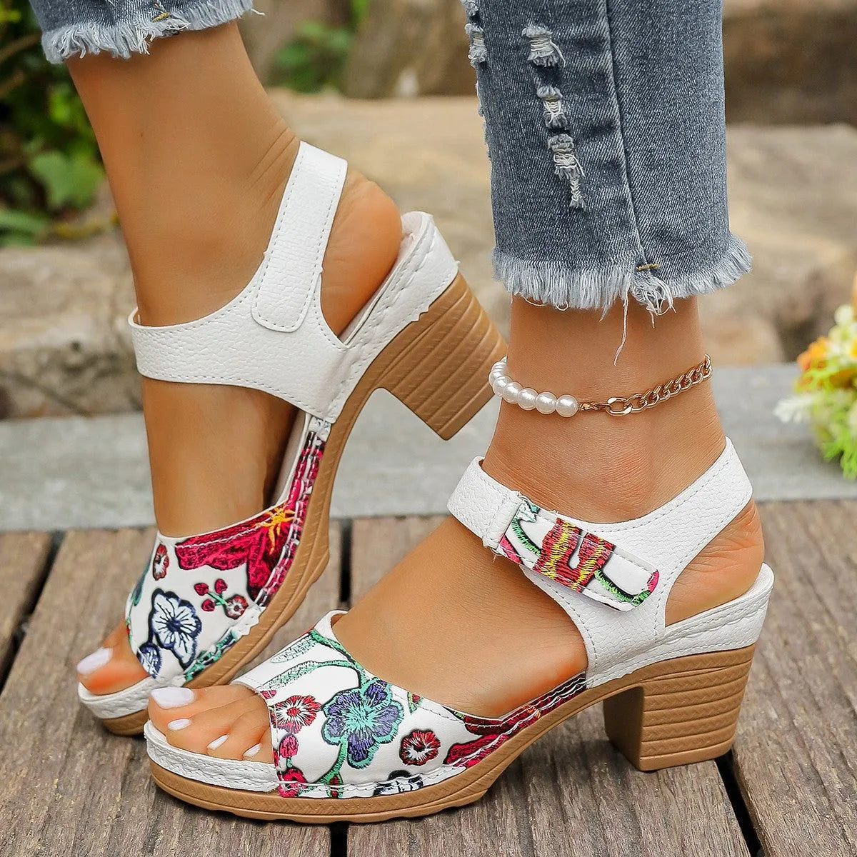White women's high heel sandals with Velcro buckle fastening on rubber sole