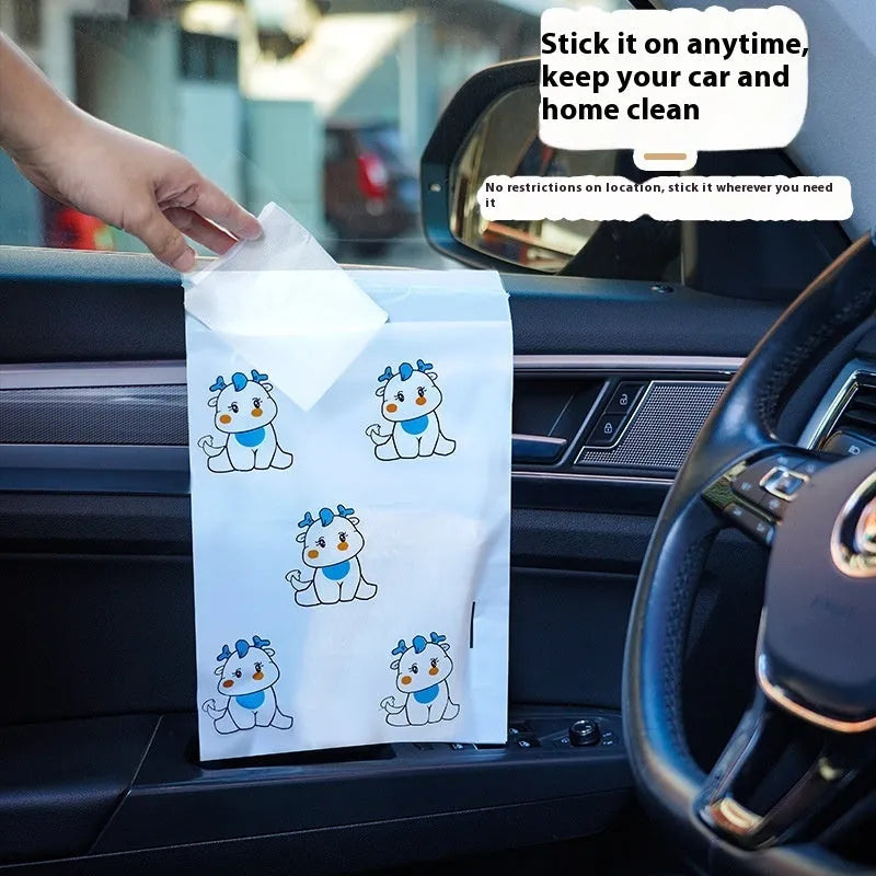 Car trash adhesive clean bag in PE material, available in 15 or 30 pack, shown with adhesive tab and colour options