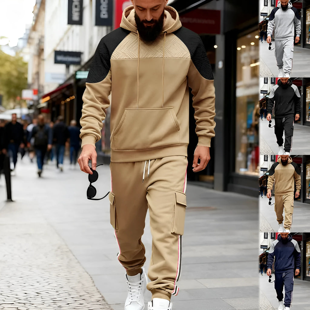 Loose colour-block polyester hoodie and matching sweatpants set in Black and other colour options