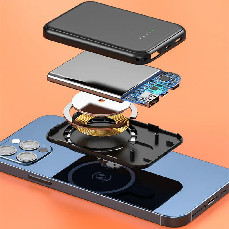 Mini magnetic wireless power bank 5000mAh with LED display and AI cooling in cool black colour on a table