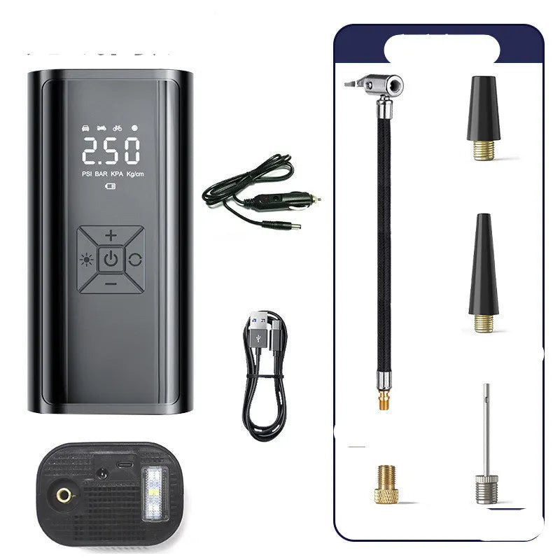 Wireless digital display car tyre pump with LED light and flexible inflation hose