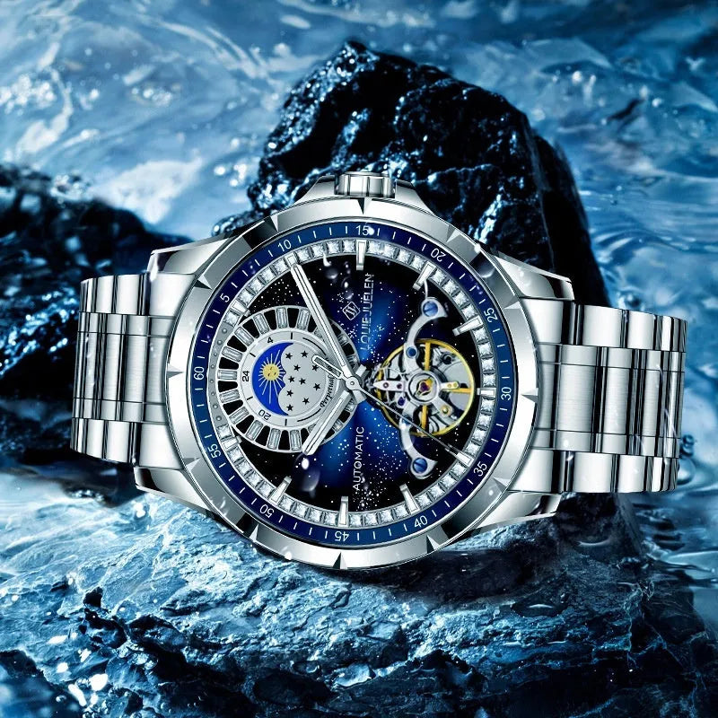Automatic mechanical men's watch with silver alloy case, blue dial, and stainless steel bracelet