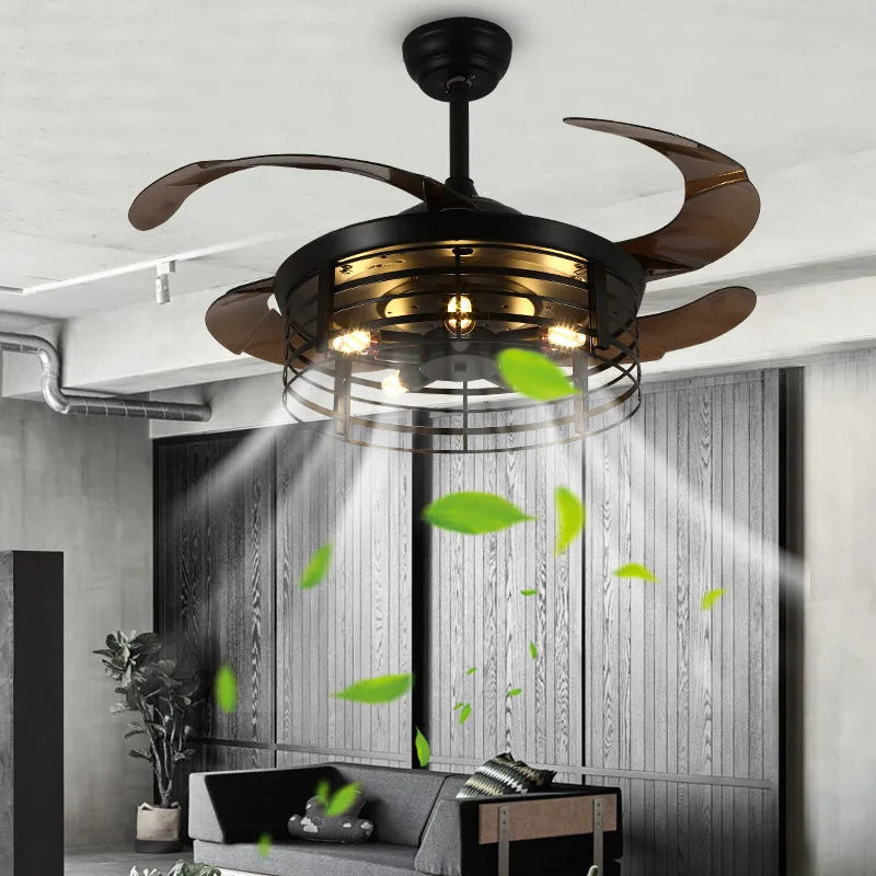 Industrial American retro fan lamp with remote control showing 42-inch diameter and acrylic construction