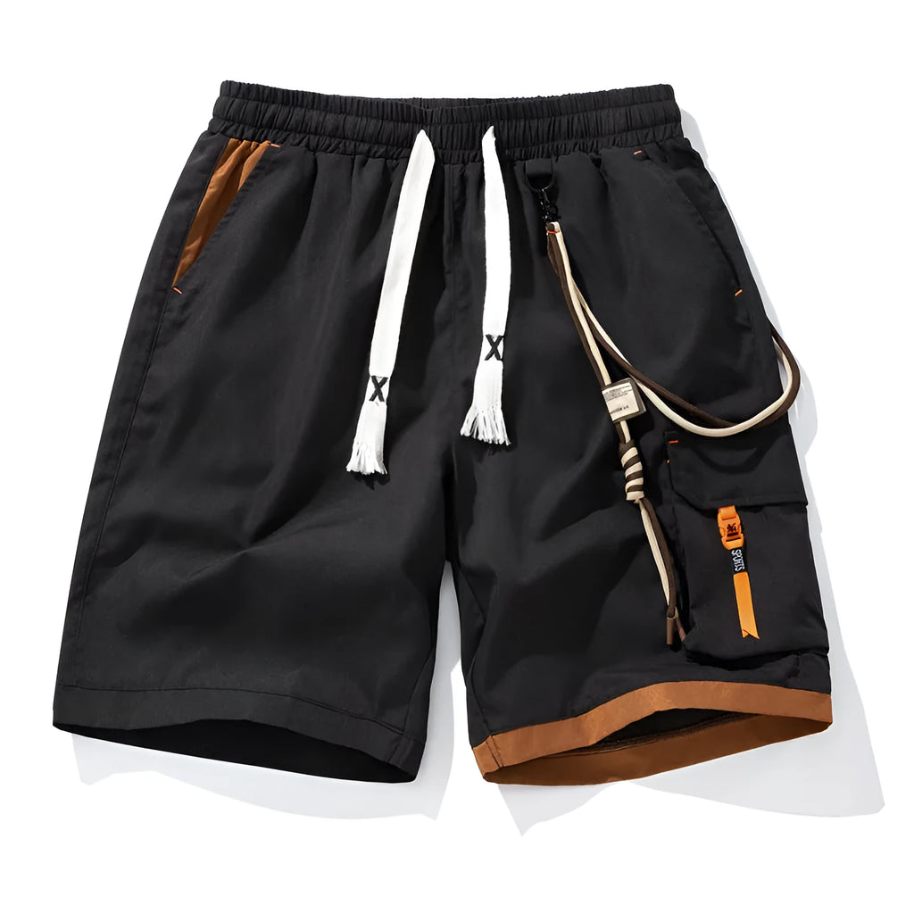 Men's plus size straight-leg bamboo fibre sports shorts in coffee colour on a hanger.