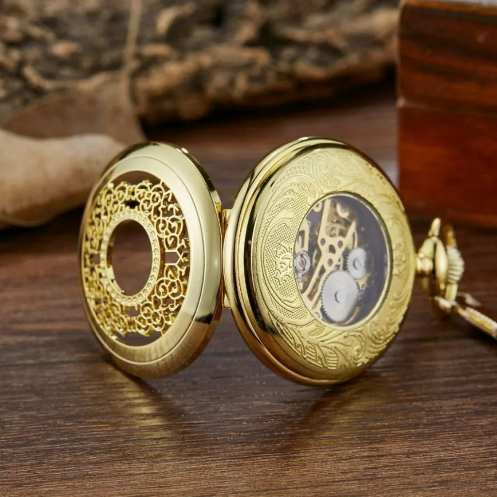 Retro hollow floral print automatic mechanical pocket watch with alloy case and transparent back