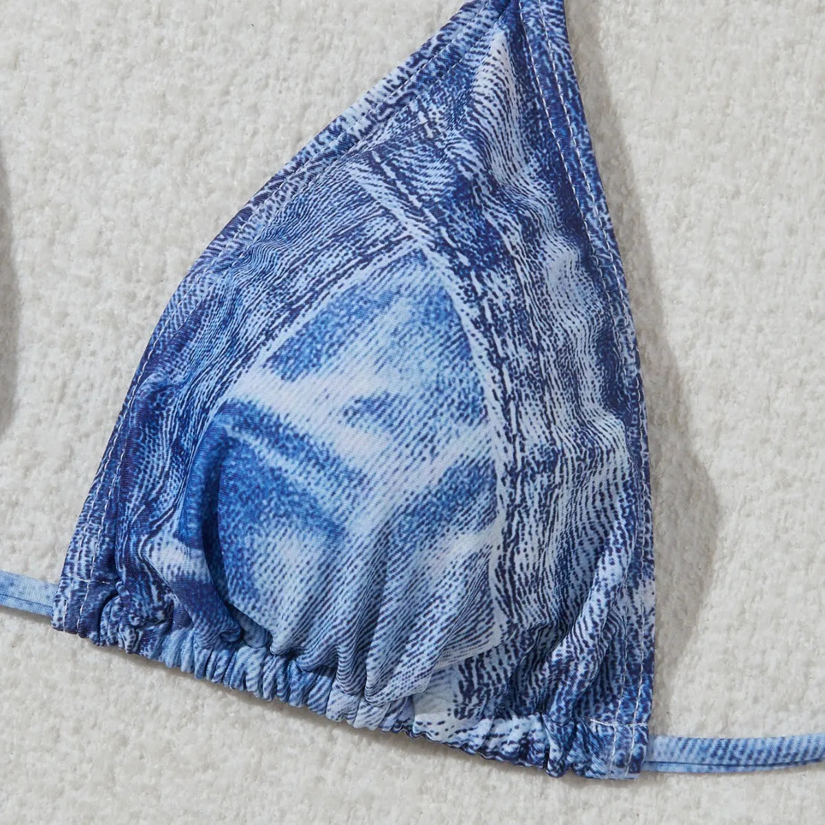 Women's denim blue printed bikini with strap design showing front and back views
