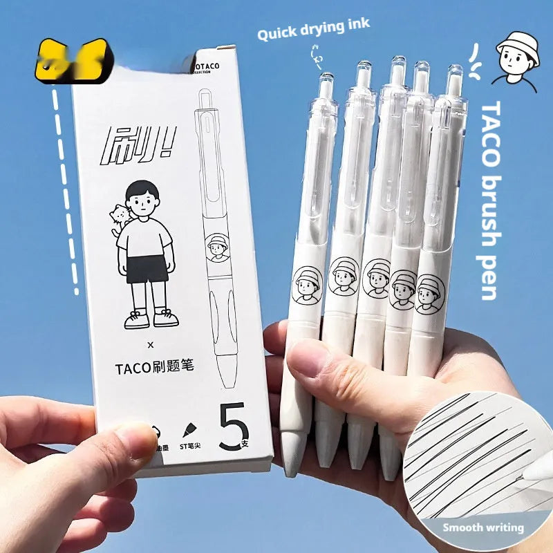 Five white ballpoint pens with 0.5mm black ink tips arranged together