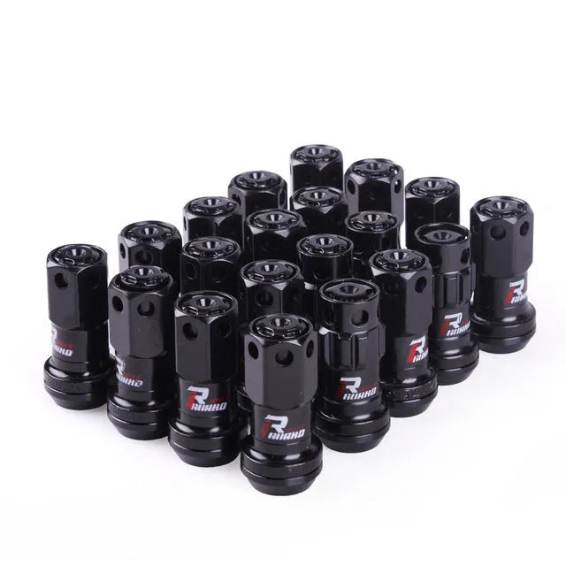Aluminium alloy forged automobile wheel hub nut in various colours including red, gold, blue, purple, and black combinations.