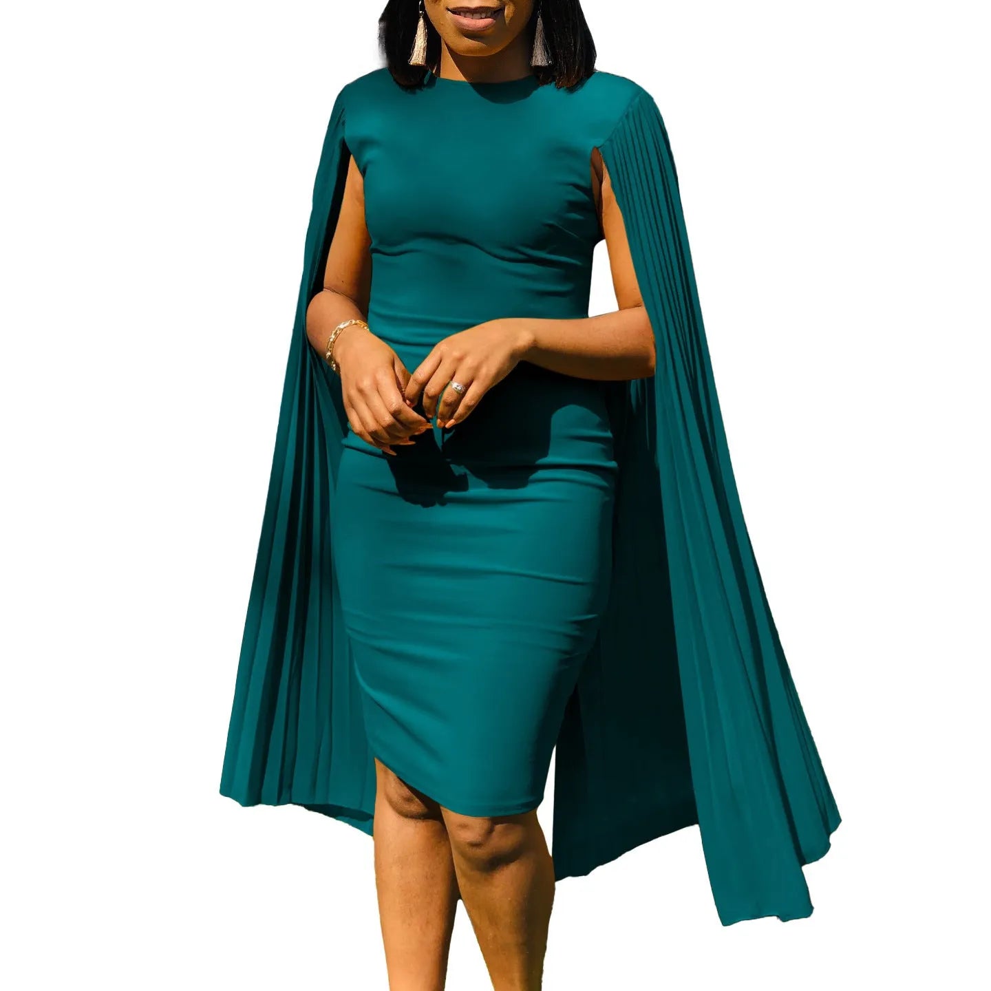 Women's pleated evening gown with round neck and long sleeves in high-waist design