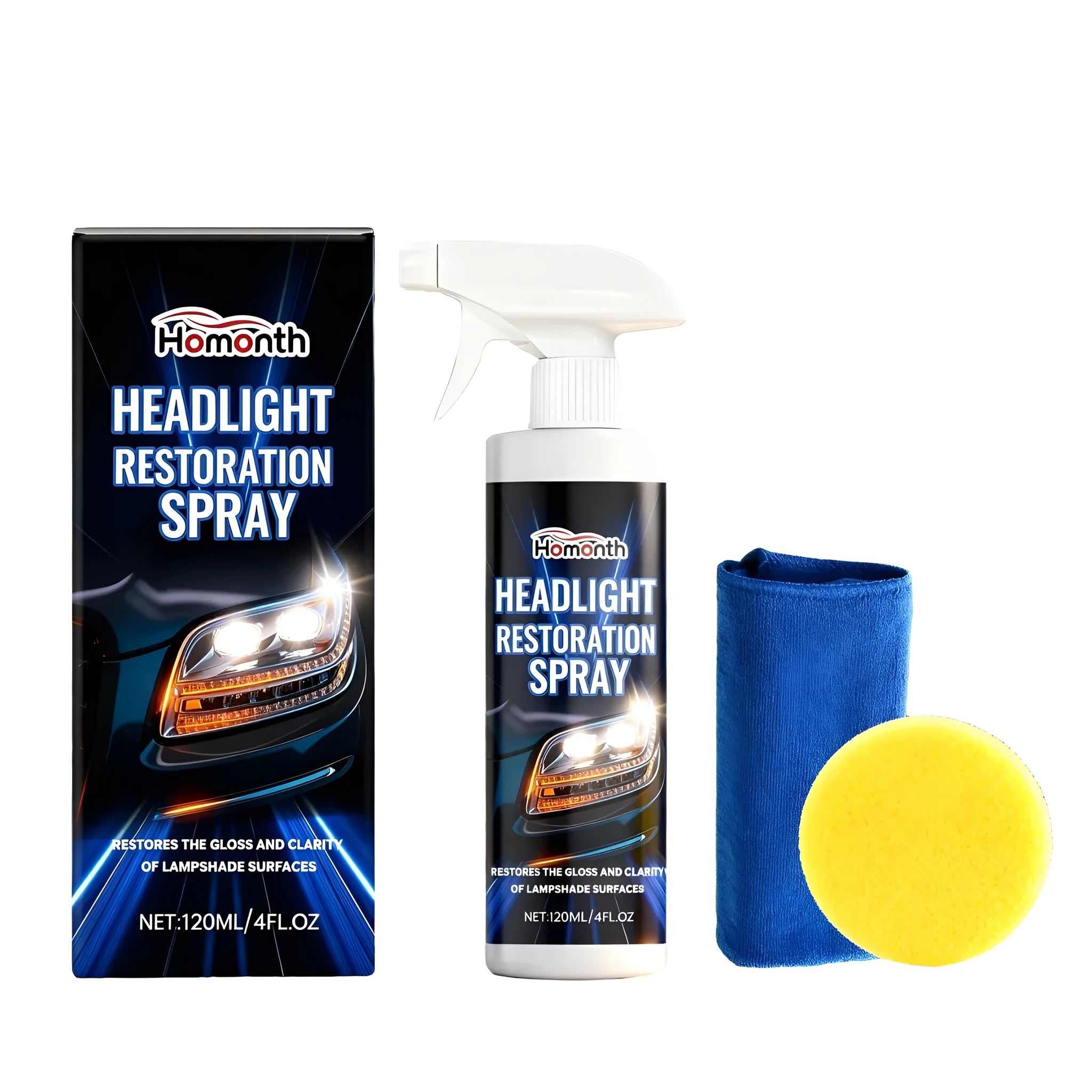 HOMONTH 120ml headlight restoration spray kit with PTFE formula, sponge and towel for car headlamp cleaning