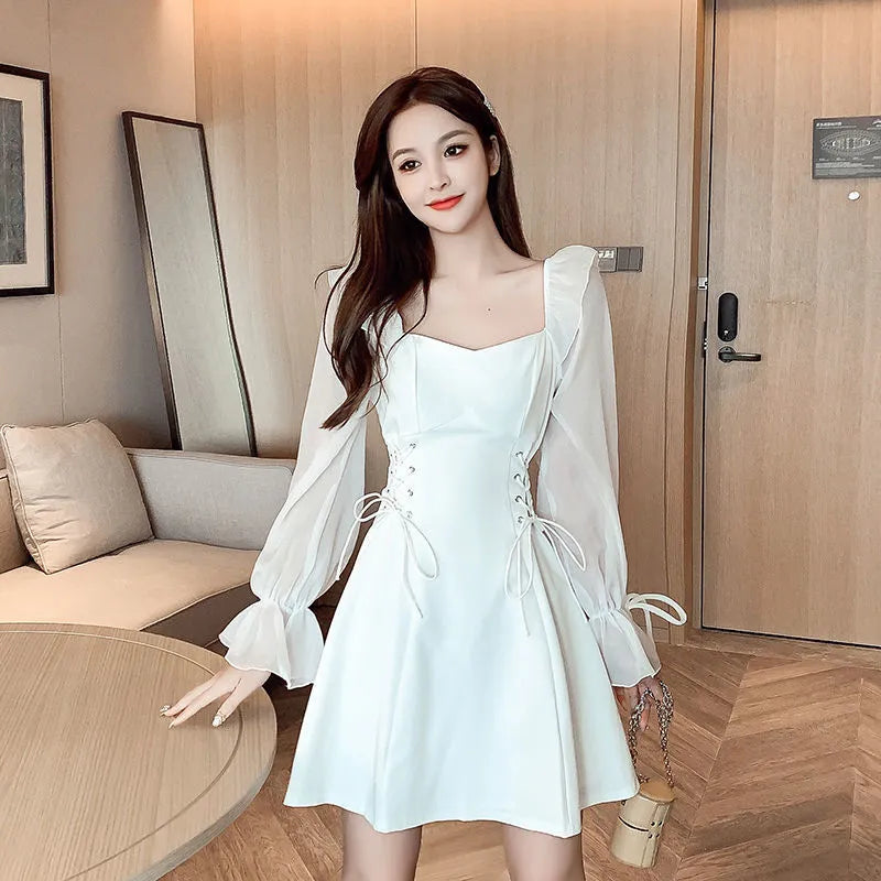 White chiffon patchwork waist-slimming dress with long sleeves and long skirt