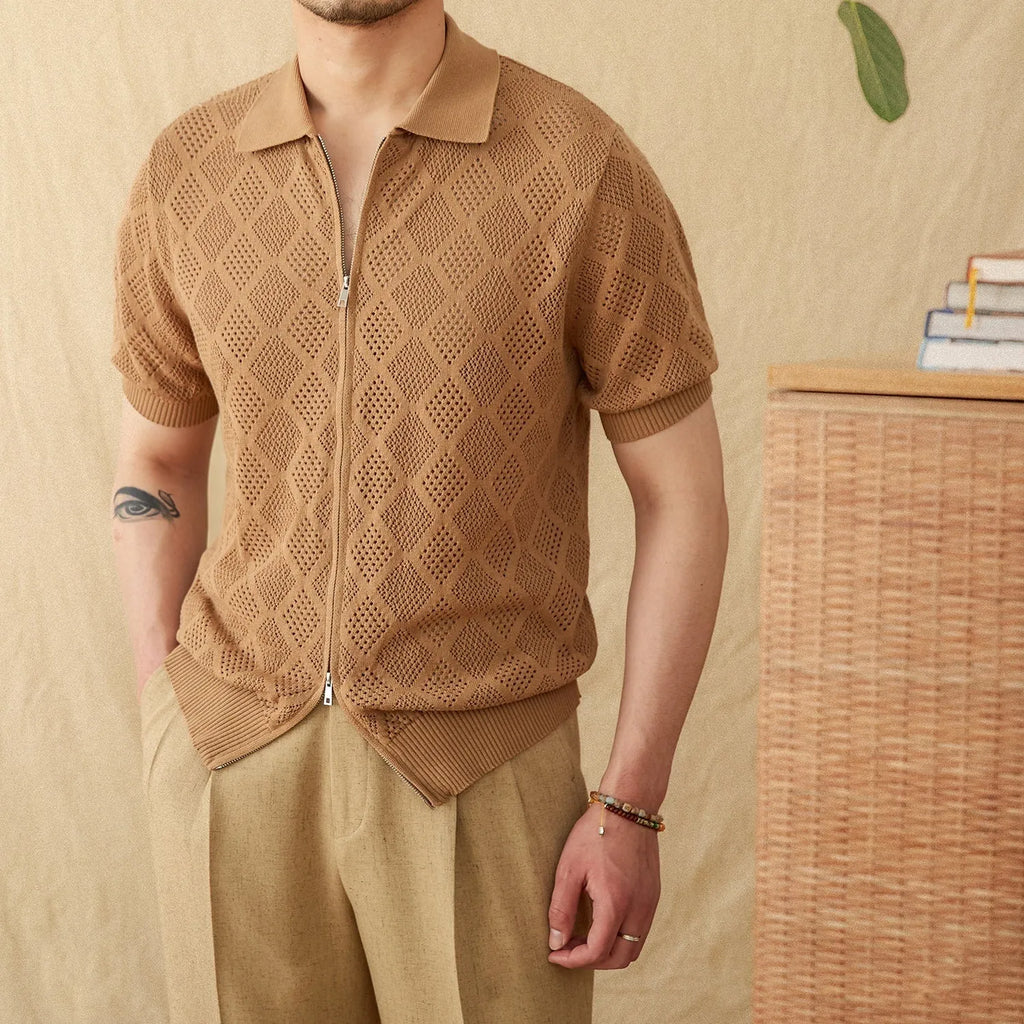 Men's short sleeve cotton cardigan with lapel collar and zipper in light coffee and white colours