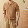 Men's short sleeve cotton cardigan with lapel collar and zipper in light coffee and white colours