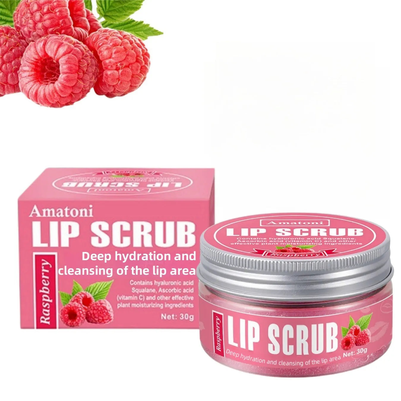Amatoni Lip Scrub jar in 30g size with Coconut, Raspberry, Vanilla, or Watermelon flavour options.