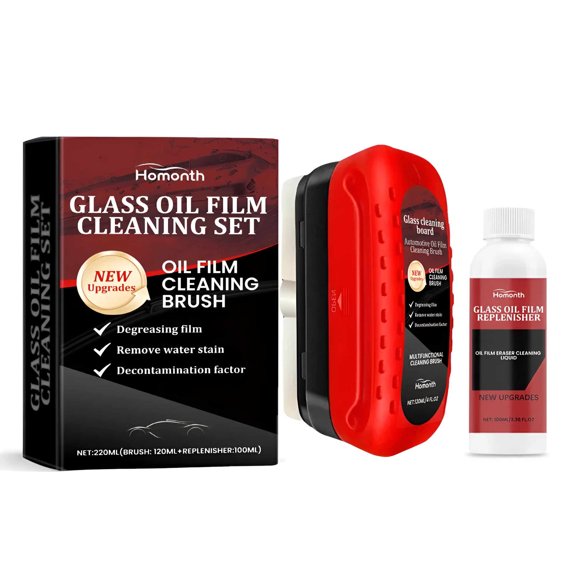 Automotive glass oil film remover set with 120ml cleaning plate and 100ml refill solution for car windscreen decontamination