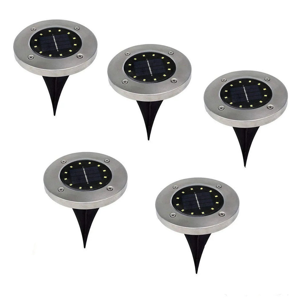 Four solar powered stainless steel lawn lights with LED, 12x12x13cm, warm white or white light option