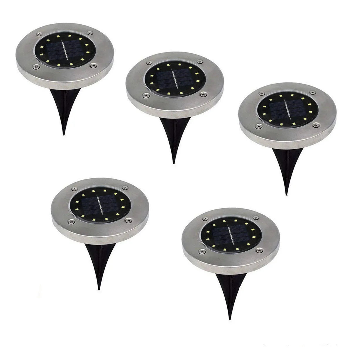 Four solar powered stainless steel lawn lights with LED, 12x12x13cm, warm white or white light option