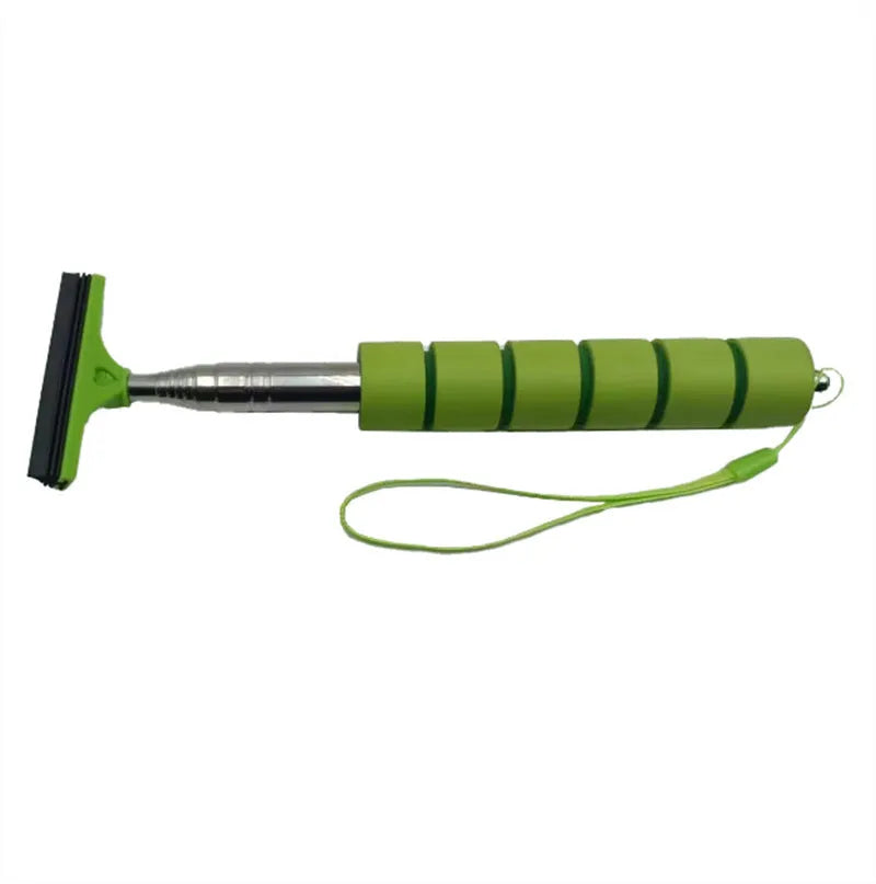 Retractable stainless steel car wiper with rubber blade, shown extended and in black, blue, green, orange, and pink colours.