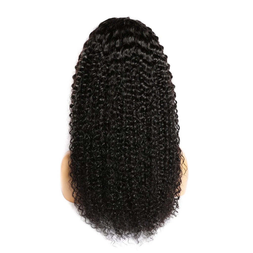 Curly human hair lace front wig on a stand showing long length and natural wave pattern