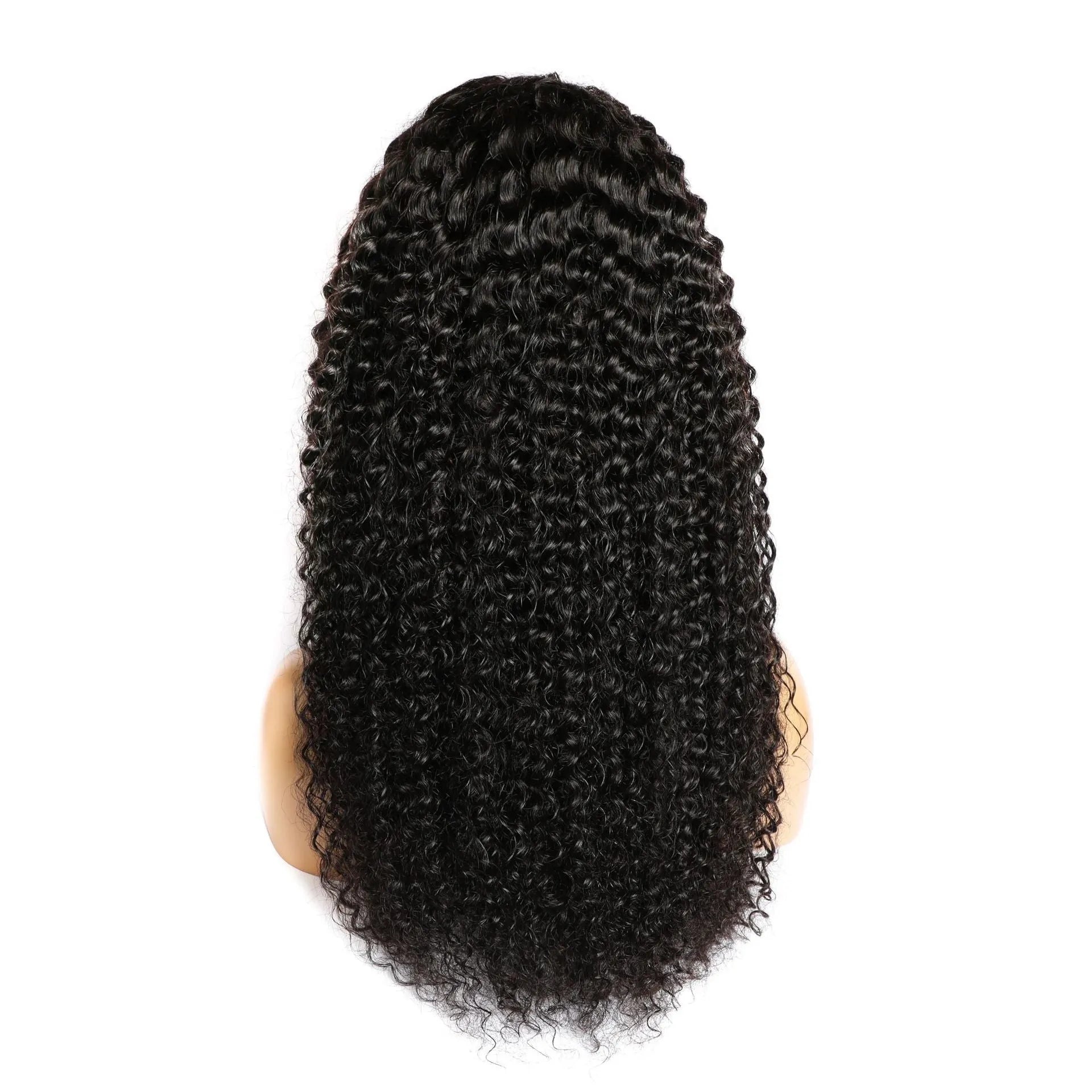 Curly human hair lace front wig on a stand showing long length and natural wave pattern