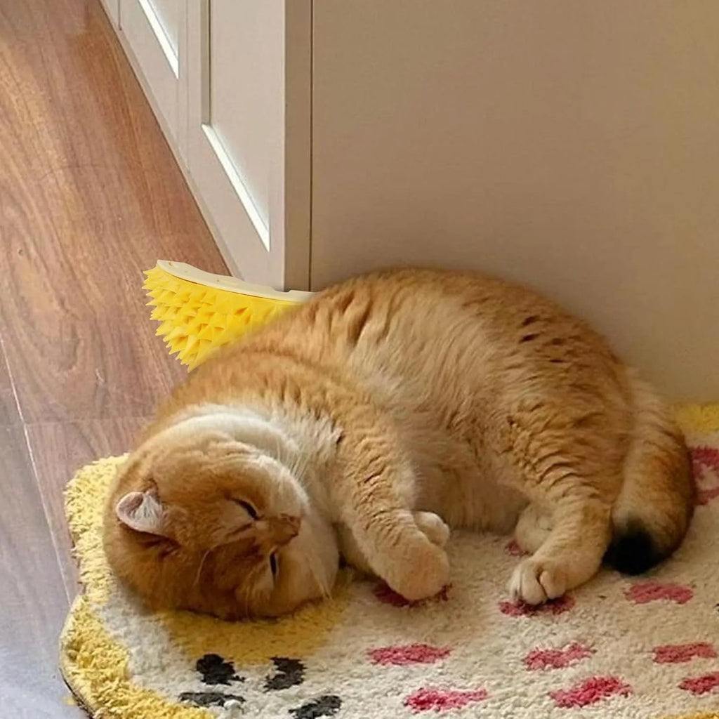 Yellow durian-shaped cat corner scratcher and grooming comb toy for indoor cats