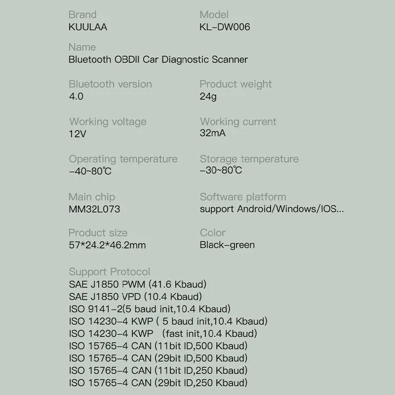 Green Bluetooth OBD auto fault detector with plastic body for engine diagnostic code reading
