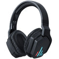 Luminous black wireless headphones with head-mounted design showing ear cushions and adjustable headband