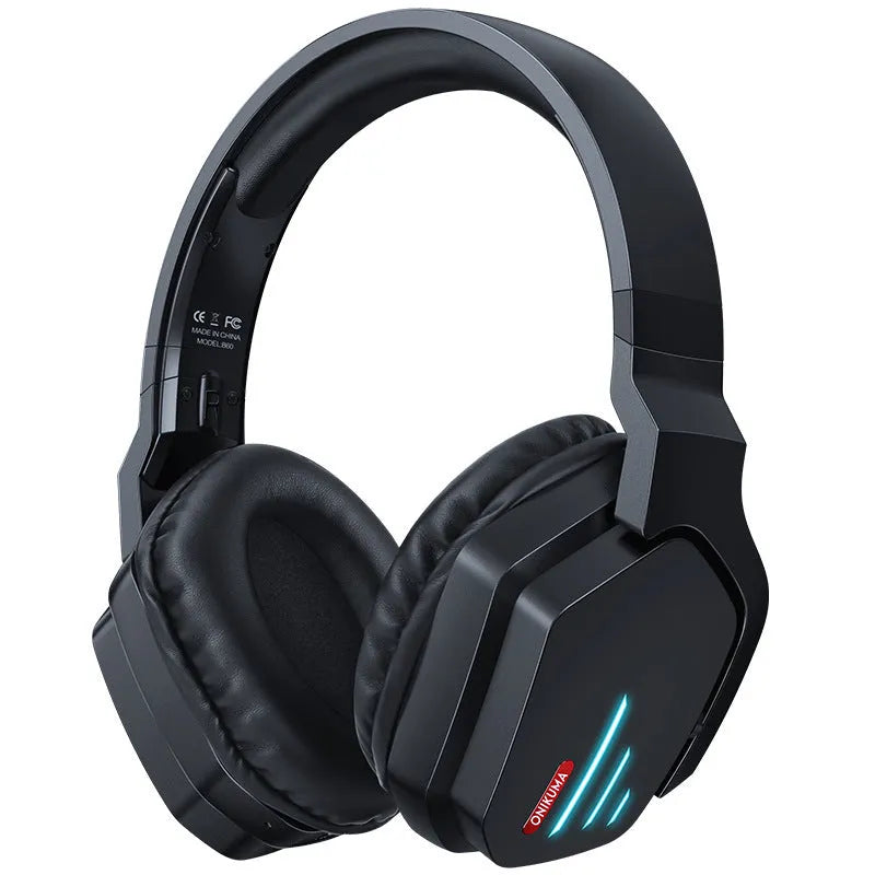 Luminous black wireless headphones with head-mounted design showing ear cushions and adjustable headband