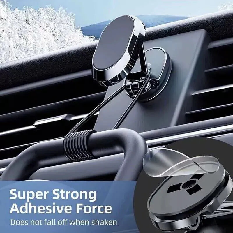 Chrome foldable magnetic car phone holder mounted on a dashboard, showing extended and retracted positions.