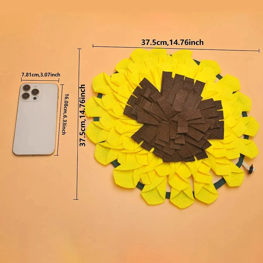 Yellow sunflower-shaped dog snuffle mat with rope and buckle for hanging or fixing