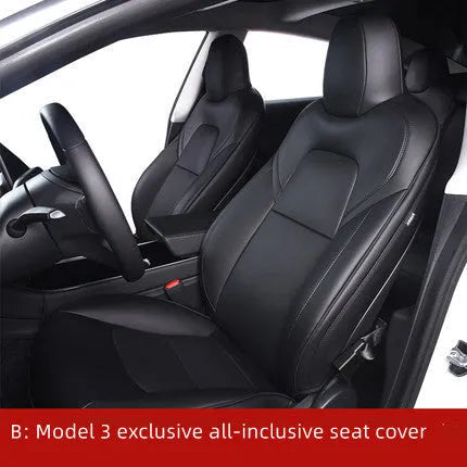 Black and white PVC chloroprene car seat covers for Tesla Model 3 and Model Y interior protection.