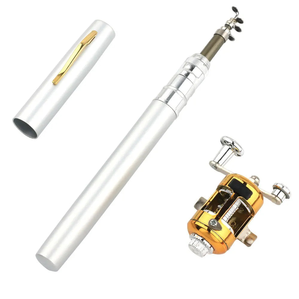Gold telescopic pocket fishing rod collapsed in aluminium case next to extended 1m rod with ST5RL reel.