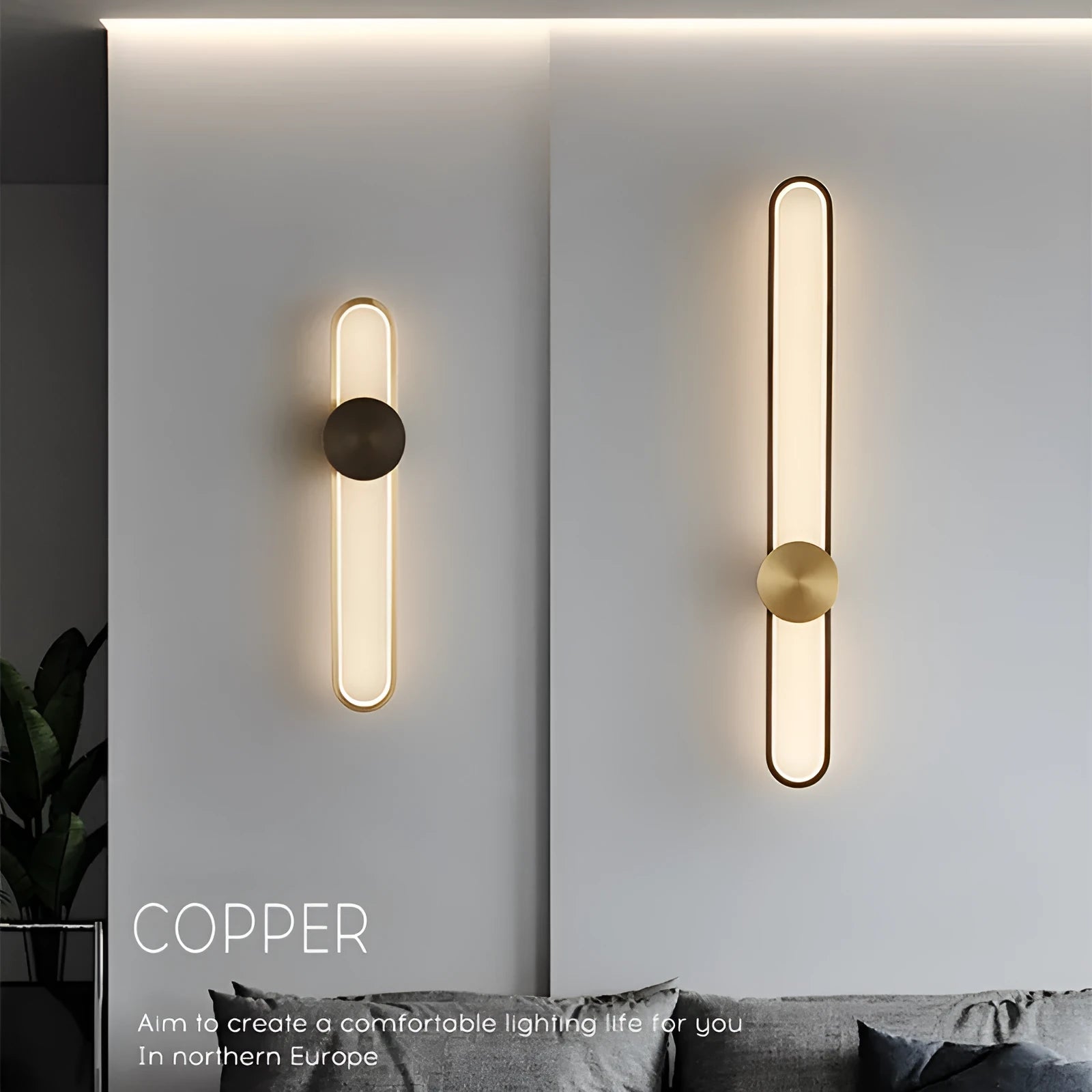 Modern round wall lamp with iron shade in choice of four finishes including black and gold options